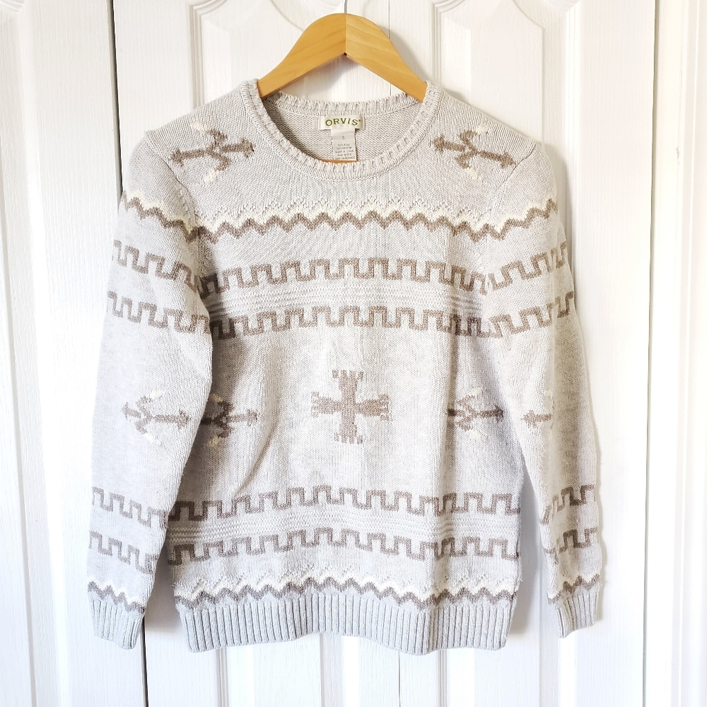 Orvis tribal print sweater wool blend fair isle